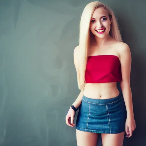 Prompt: young woman with blonde hair and beautiful features, wearing crop top and miniskirt, photography, full body, alluring, smile