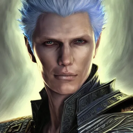 Prompt: Vergil from DMC as a fantasy D&D character, portrait art by Donato Giancola and James Gurney, digital art, trending on artstation