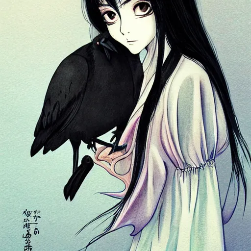 Image similar to dark haired girl, goth style, raven on her shoulder, pale gentle face, intricate detailed outfit, art by sakimichan, studio ghibli