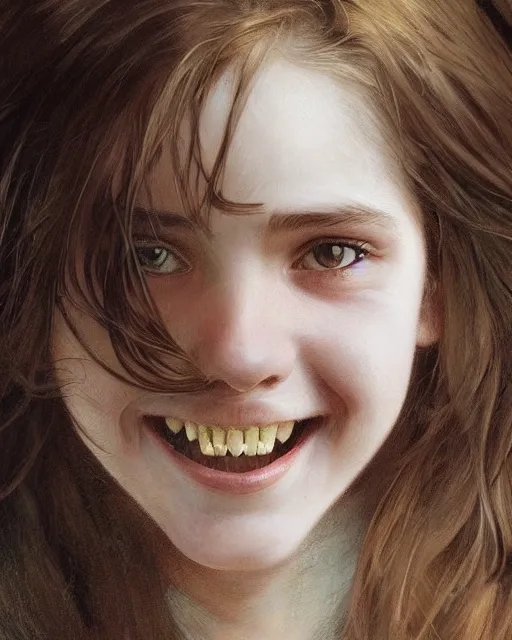 Image similar to close up portrait of 1 5 - year - old girl, smile with large front teeth, hermione, very bushy brown hair, and very bright brown eyes, wearing white shirt, hyper realistic face, beautiful eyes, close up, fantasy art, in the style of greg rutkowski, intricate, alphonse mucha, hyper detailed, smooth