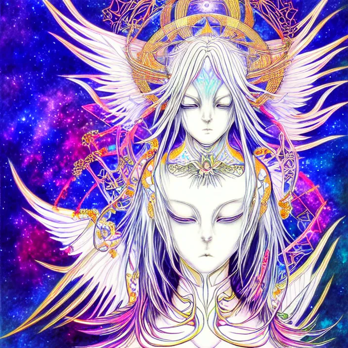 Image similar to stylized art of an psychedelic angelic celestial being by yoshitaka amano, trending on pixiv, anime style, winged head, white gold skin, ayahuasca, sacred geometry, esoteric art, watercolor