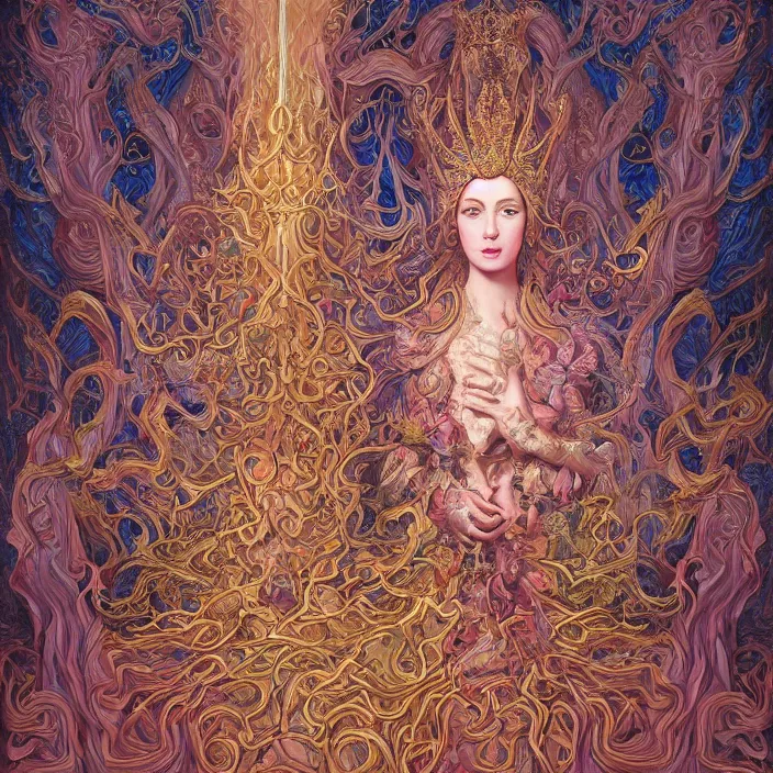 Image similar to beautiful oil painting, full length portrait of dauphinois in baroque coronation robes 1701, Dan Mumford, Dan Mumford, Alex grey, highly detailed , lsd visuals, dmt fractal patterns, hallucinogen, visionary art, psychedelic art, ornate, vaporwave, baroque, Greg rutkowski