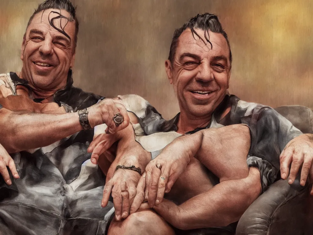 Image similar to extremely detailed digital painting of till lindemann sits on the couch with grandmother and laughing, stunning scene, 4 k, realism, bright colors, trending on artstation