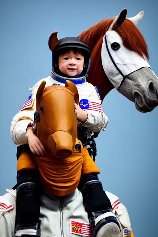 Image similar to a child in a horse mask sits on the shoulders of an astronaut