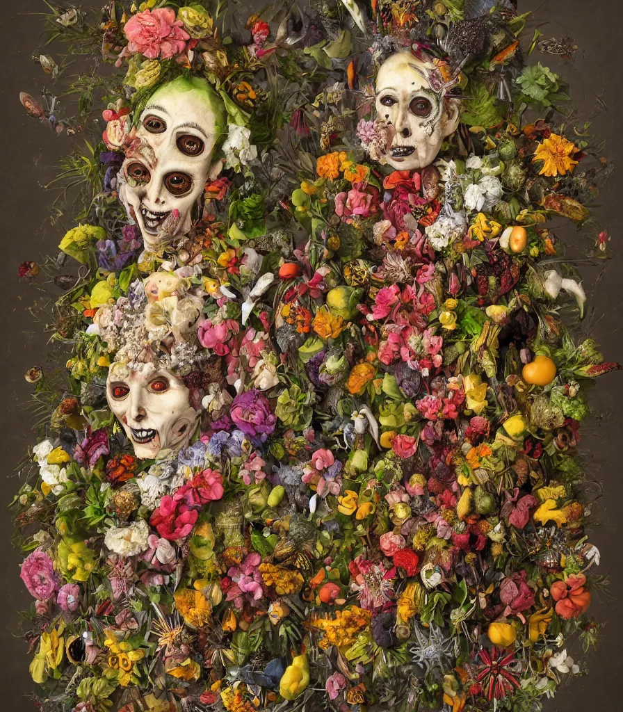 Prompt: portrait of a punk rock cenobite made out of flowers, fruit and insects in the style of arcimboldo and hieronymous bosch, botanical environment, baroque, surreal, high quality octane render, artstation, highly detailed