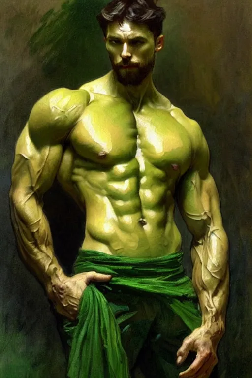 Image similar to man wearing green clothes, muscular, fantasy, painting by greg rutkowski and alphonse mucha