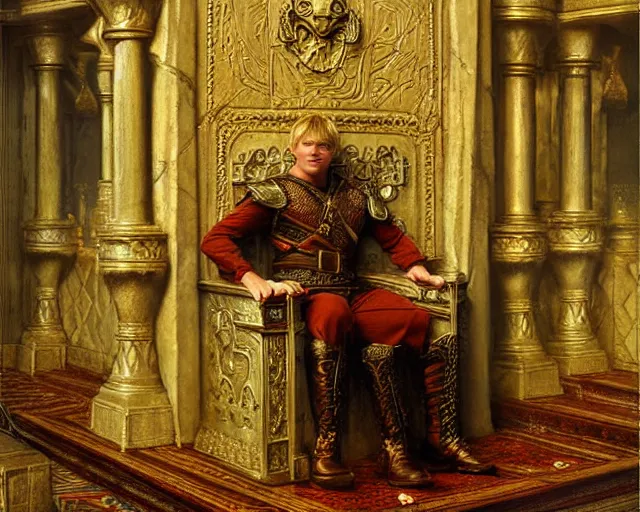 Prompt: attractive arthur pendragon, posing in the throne room of camelot highly detailed painting by gaston bussiere, craig mullins, j. c. leyendecker