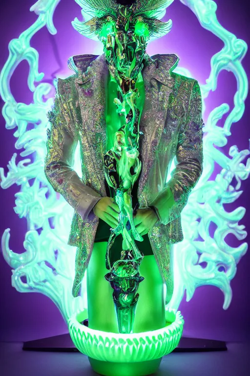 Prompt: hyper detailed ultra sharp photo of rococo and bladerunner neon crystalline ceramic sculpture of seductive muscular prince xavier serrano dotado albino green iridescent humanoid deity wearing violet hooded metallic tuxedo holding an glass skull in a onyx dungeon, reclining, glowing magenta face, crown of white diamonds, cinematic lighting, photorealistic, octane render 8 k depth of field 3 d