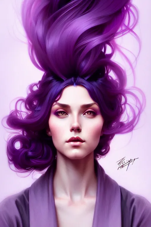 Image similar to Purple hair, creative colouring Portrait of woman, fashion, intricate, elegant, highly detailed, digital painting, artstation, concept art, smooth, sharp focus, illustration, art by artgerm and greg rutkowski and alphonse mucha