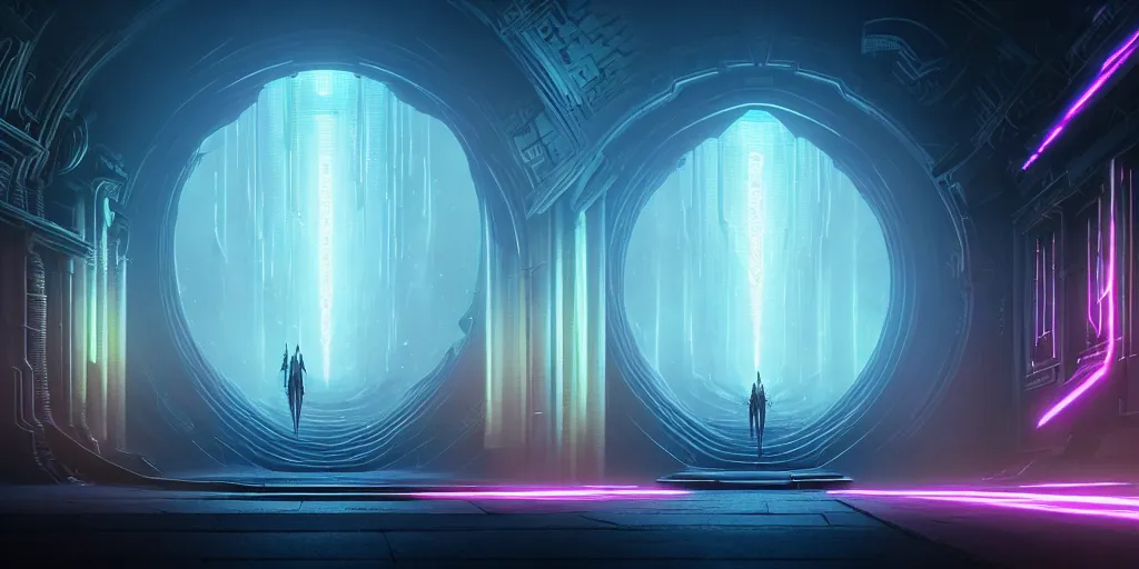 Prompt: portal to the ethereal realm, centered composition, intricate concept art, ethereal, ominous, mysterious, enchanted, magic, dramatic lighting, illuminated lines, outrun, vaporware, illuminated runes, cyberpunk darksynth, dark background, 8 k, octane render, by james paick and stephan martiniere and alphonse mucha