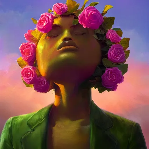 Image similar to closeup, giant rose flower head, frontal, girl with suit, surreal photography, sunrise, dramatic light, impressionist painting, digital painting, artstation, simon stalenhag