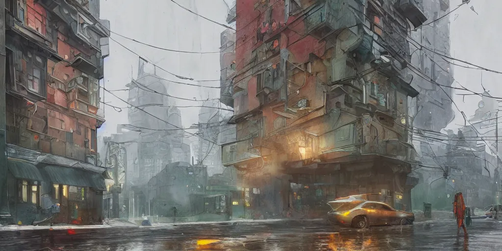 Prompt: rainy, stylized, exterior, architecture, in watercolor gouache detailed paintings, raytracing, arcane, insanely detail, artstation, 8 k, futuristic, big medium small, simon stalenhag, props, furniture and decor, octane render, cinematic, screenshot, james gurney, ruan jia, comic style