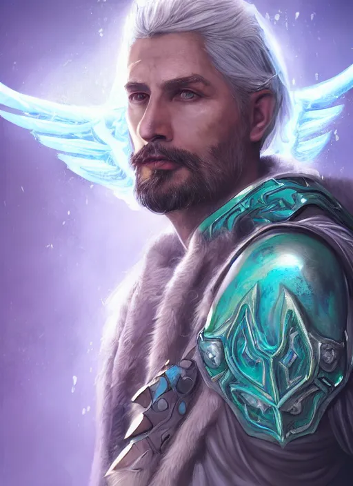 Image similar to An epic fantastic realism comic book style portrait painting of aasimar hexblade warlock, teal electricity, male, grand angel wings, silver hair, short beard, 4k, 8k, Apex Legends Concept Art, D&D Concept Art, unreal 5, DAZ, hyperrealistic, octane render, cosplay, RPG portrait, dynamic lighting