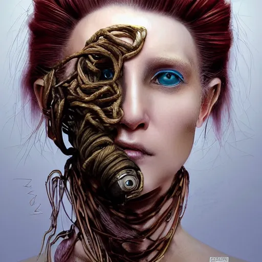 Image similar to portrait of a Shibari rope wrapped face and neck, headshot, insanely nice professional hair style, dramatic hair color, digital painting, of a old 15th century, old cyborg merchant, amber jewels, baroque, ornate clothing, scifi, realistic, hyperdetailed, chiaroscuro, concept art, art by Franz Hals and Jon Foster and Ayami Kojima and Amano and Karol Bak,