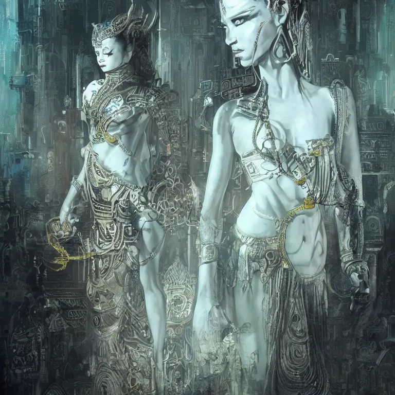 Image similar to intricate drawing of a female deity, cambodian fashion, cyberpunk ornaments, thin strands, porcelain skin, greg rutkowski, james gurney, john berkey, hyperrealistic, backlit