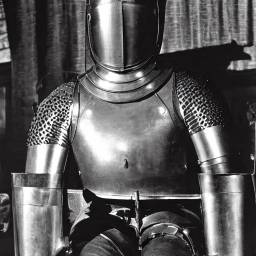 Prompt: 1 9 5 0's photograph of a medieval knight in shining armor sitting in an opulent movie theater watching a western