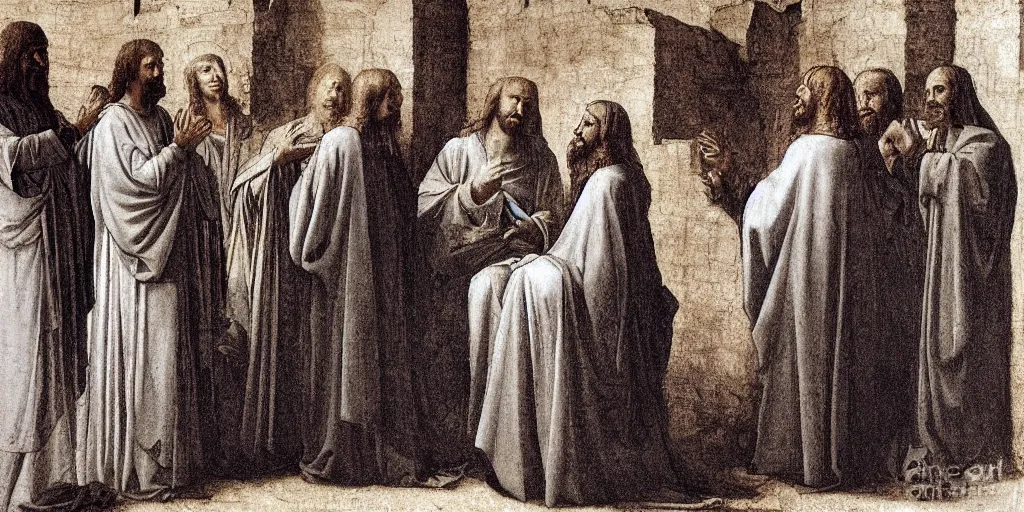 Image similar to high queality painting, jesus christ talking to the people in judea, by leonardo davinci