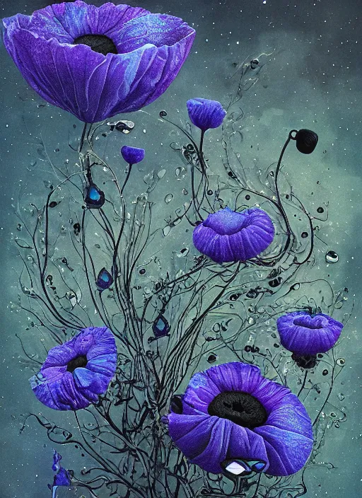 Image similar to detailed, intricate blue black and purple papaverum flower on the field, nebula, galaxy in the sky, winning award masterpiece, fantastically beautiful, illustration, aestheticly inspired, jacek yerka, upscale with anguissola sofonisba work, artstation, 8 k