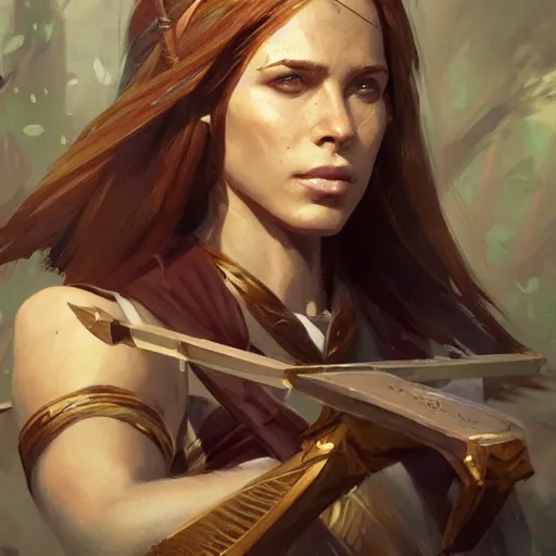 Prompt: A portrait of a female archer, Magic the Gathering art, art by greg rutkowski, matte painting, trending on artstation, very detailed