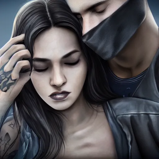 Image similar to Hot young woman, grey skin, void eyeballs, tattoos, wearing a leather jacket, hugging a shrouded man as they cry on her chest, comforting, touching, wholesome, digital art, concept art, unreal engine 5, watercolour, big sister, little brother, realistic, 4k, 8k