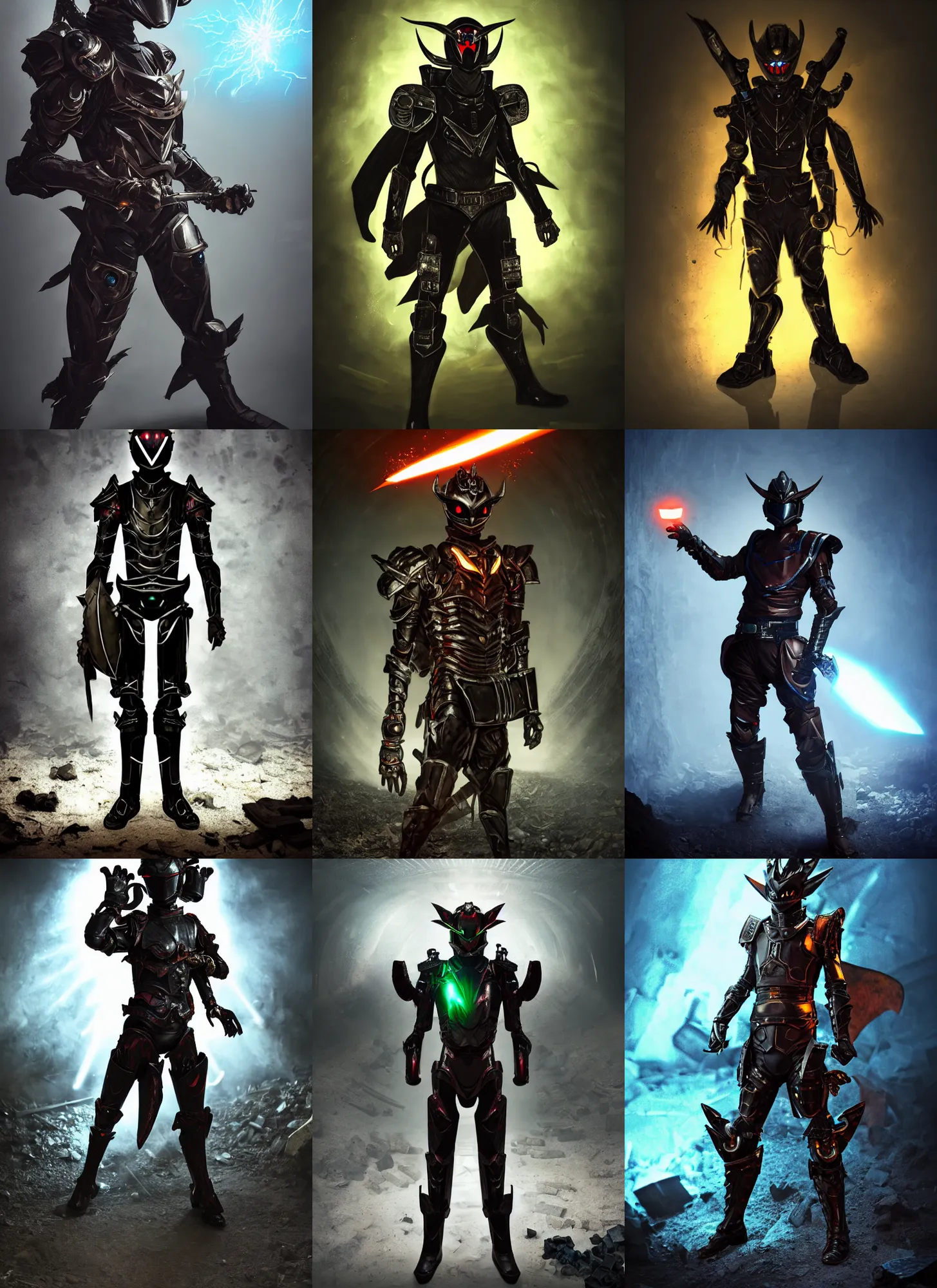 Prompt: character portrait of a high fantasy gunslinger kamen rider standing in an abandoned coal mine doing a henshin pose, glowing eyes in helmet, glowing eyes, demonic dragon inspired armor, broken pipes, muted colors, tense atmosphere, good value control, matte painting, sharp focus, 8 k, rubber suit, pvc armor, dramatic lighting, frank frazetta