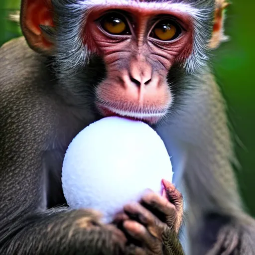 Image similar to beatiful photograph of monkey sitting in the center of the image whilst holding a snowball in its arms