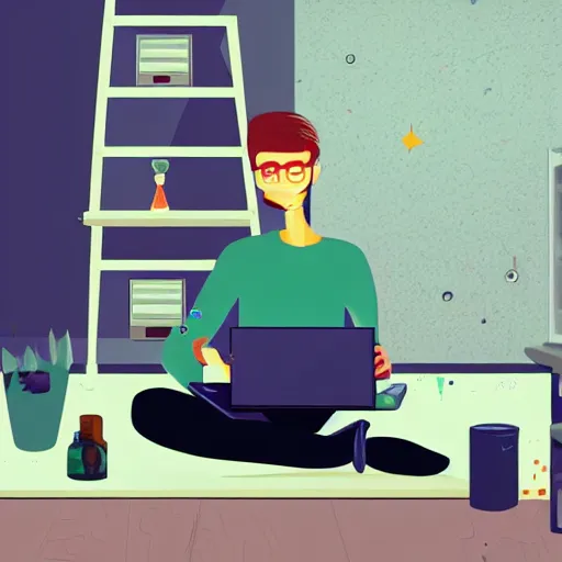 Image similar to a skinny computer nerd guy sitting on the floor of his room, crossed legs, laptop, smartphone, video games, tv, books, potions, jars, shelves, knick knacks, tranquil, calm, sparkles in the air, magic aesthetic, fantasy aesthetic, faded effect, illustration, digital illustration, detailed, highly detailed, 4K