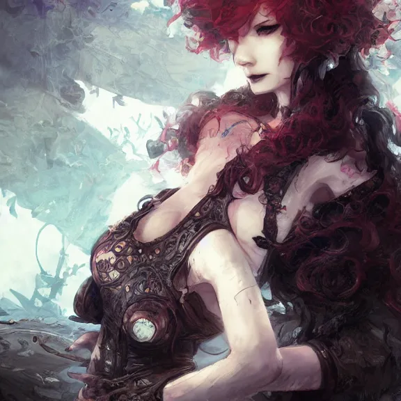 Image similar to christina hendricks!!! goth, tankoban, 4 k, tone mapping, akihiko yoshida, james jean andrei riabovitchev marc simonetti, yoshitaka amano, long hair, curly, h. hydrochaeri