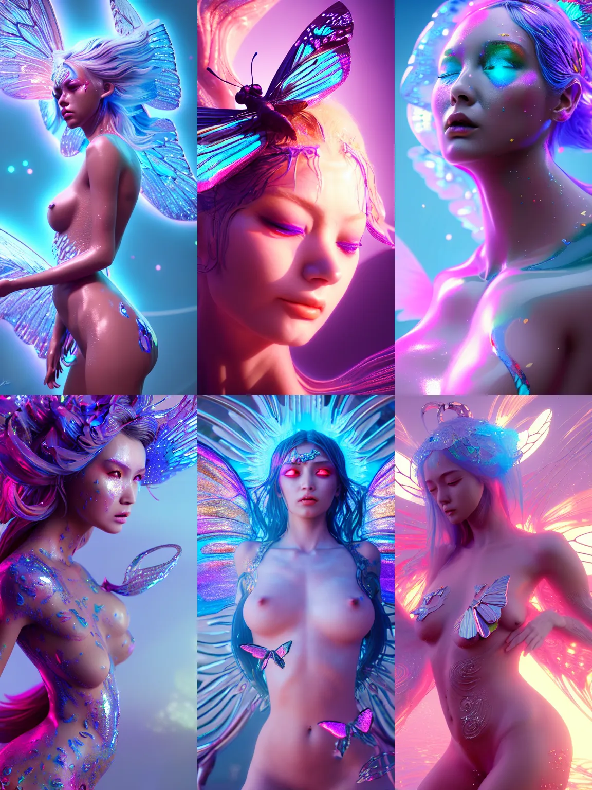 Prompt: ultra detailed butterfly goddess made out of liquid chrome, melting face, epic, cinematic, anime aesthetic by Ruan Jia, Moebius, hiroshi yoshida, Druillet, colorfull, vivid colors, 8k, octane render, artstation,