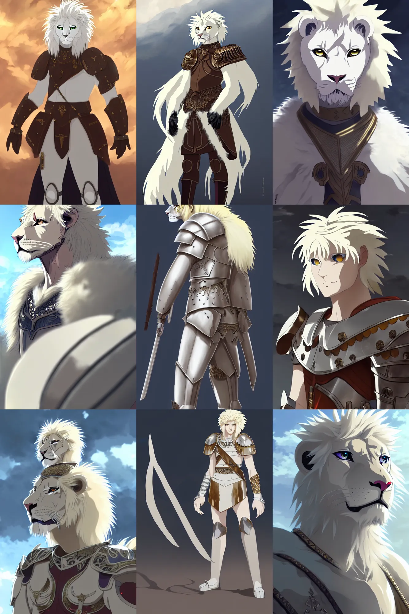 Prompt: albino lion army general with roman armor, fursona, anthro, anime key visual, detailed armor, makoto shinkai, portrait