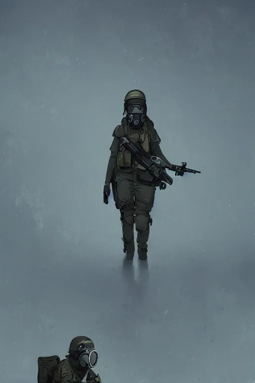 Image similar to british sas female operative with the standard s 1 0 gas mask and the black uniform, 8 0 s, artstation, trending on artstation, establishing shot, by simon stalenhag