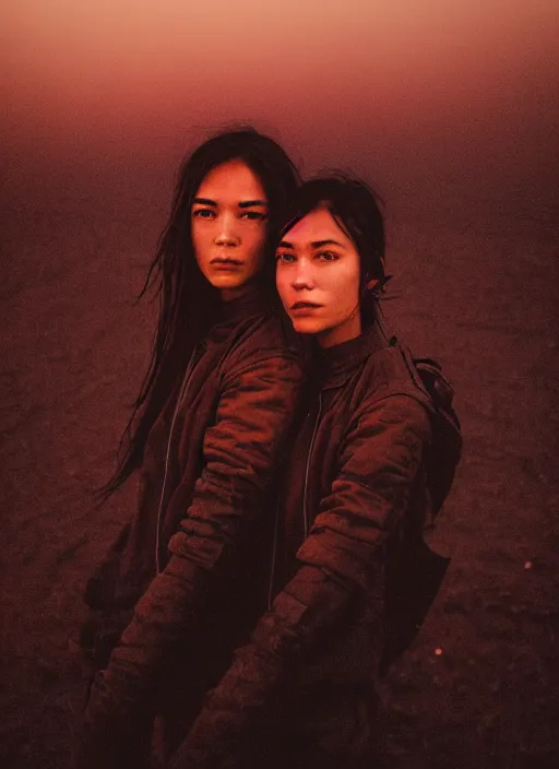 Image similar to cinestill 5 0 d photographic portrait of two loving female androids wearing rugged black techwear on a desolate plain with a red sky, extreme closeup, cyberpunk style, dust storm, 8 k, hd, high resolution, 3 5 mm, f / 3 2, ultra realistic faces, ex machina, by ashley gilbertson