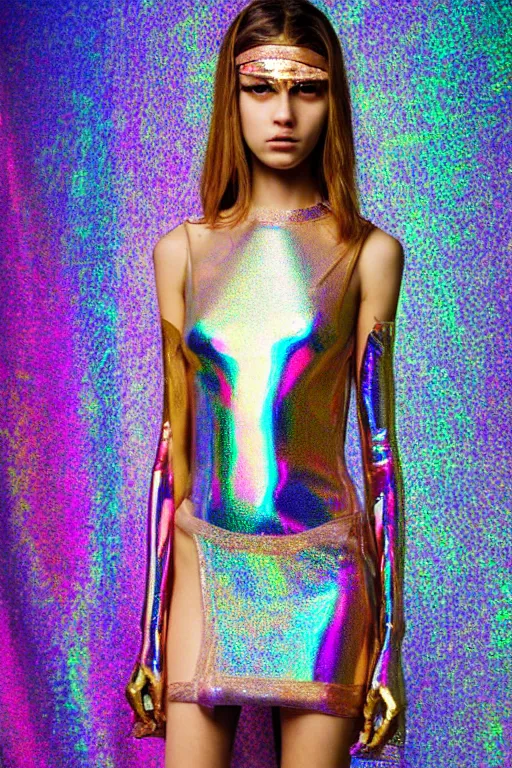 Prompt: holographic crystal atlantean hyperborean avant garde fashion dress beautiful model, sharp focus