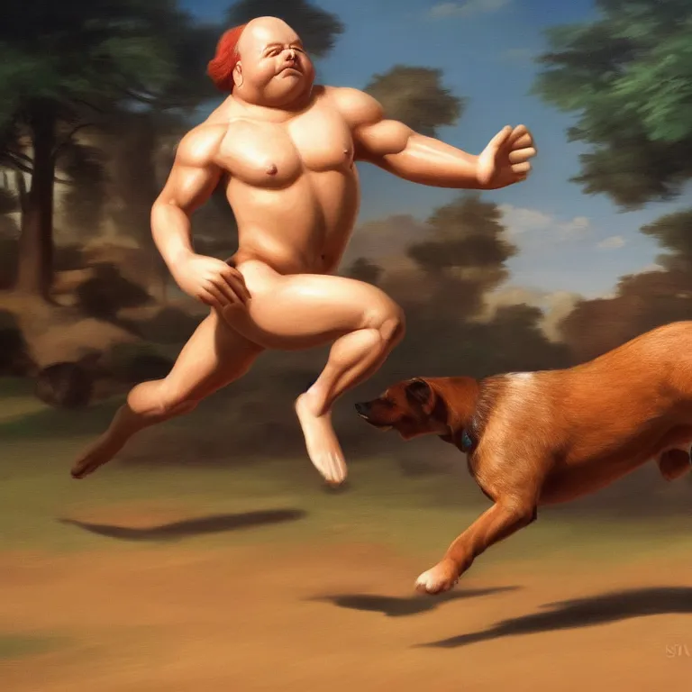 Image similar to A muscular dog running , Fernando Botero, cinematic lighting, photorealistic image, 8k, ultra detailed, high resolution,
