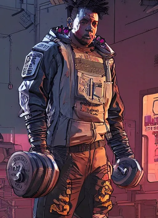 Prompt: hector. apex legends cyberpunk weight lifter. concept art by james gurney and mœbius. cinematic, dramatic lighting ( cyberpunk 2 0 7 7 ), clean aesthetic