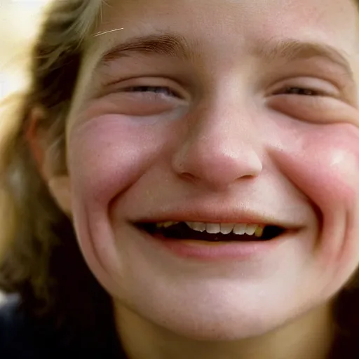 Image similar to a candid extreme closeup portrait of an expressive face of a delighted young woman by annie leibovitz