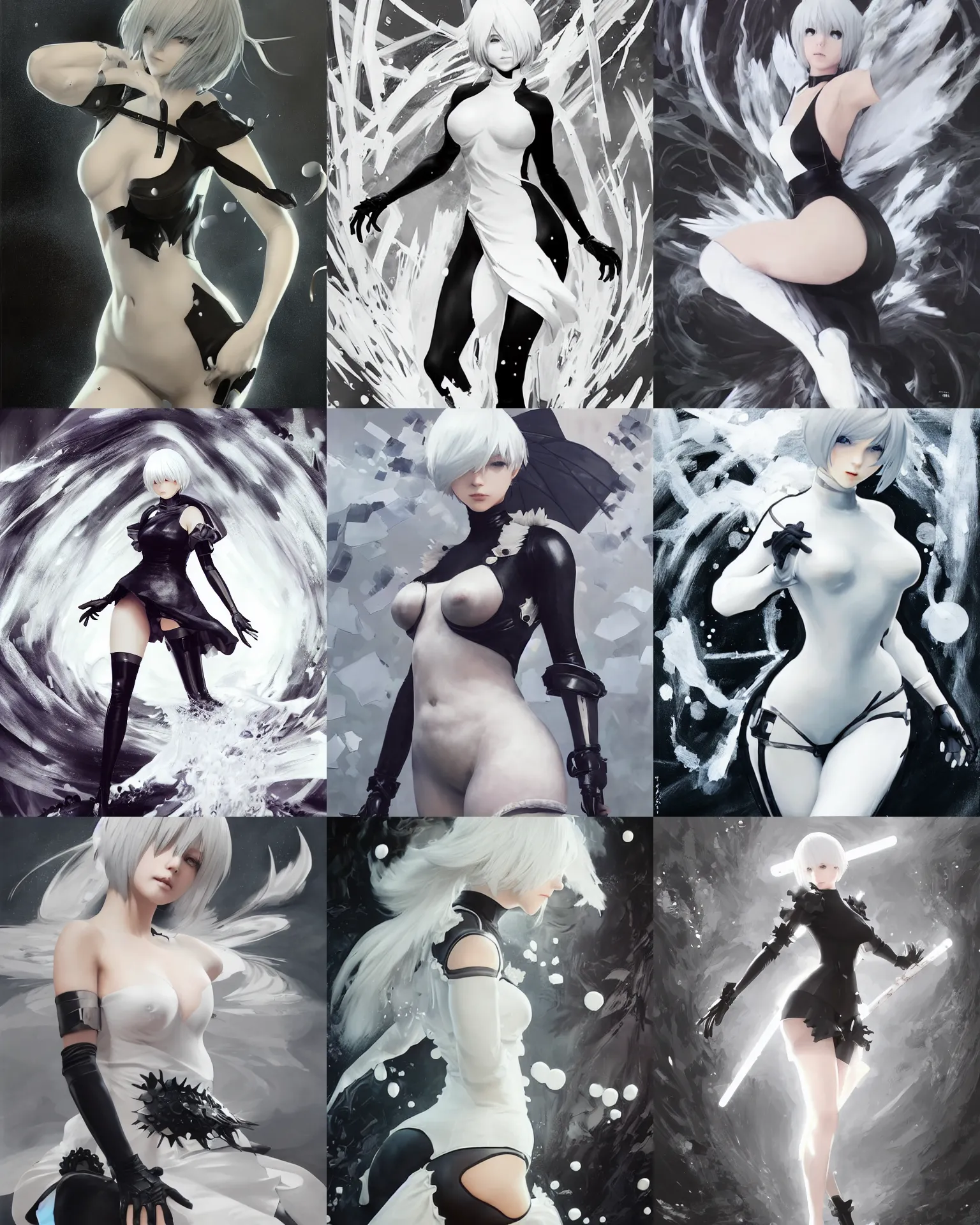 Prompt: 2 b from nier automata, white and black, splash aura in motion, floating pieces, painted art by tsuyoshi nagano, greg rutkowski, artgerm, alphonse mucha, spike painting