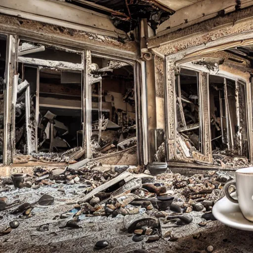 Image similar to A cup of coffee in a destroyed cafe reflecting the destroyed surroundings after a nuclear breakout, intense aura, 8k photography, intricate, smooth, sharp focus, close shot, perfect reflections