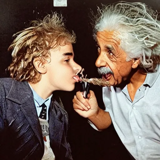 Image similar to albert einstein beating justin bieber with mace