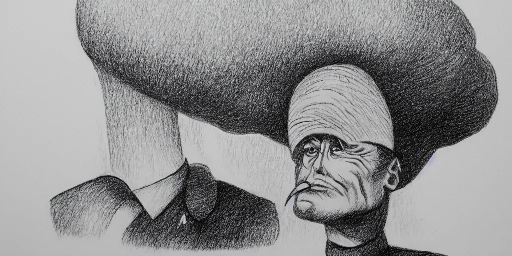 Prompt: vladimir putin wearing a nuclear mushroom cloud blast for a hat, cartoonish, ultra detailed pencil drawing