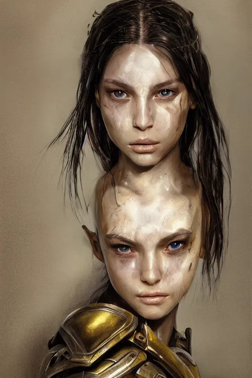 Image similar to a photorealistic painting of an attractive young girl, partially clothed in metal-plated battle armor, olive skin, long dark hair, beautiful bone structure, symmetrical face, perfect eyes, intricate, elegant, digital painting, concept art, illustration, sharp focus, minimal artifacts, from Metal Gear, in the style of Ruan Jia and Mandy Jurgens, by Greg Rutkowski, trending on Artstation, award winning