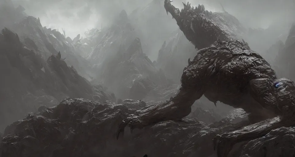 Image similar to a giant monster with many limbs crawling across a misty mountainous landscape, dramatic lighting, illustration by francois baranger, greg rutkowski, yoji shinkawa, 4 k, digital art, concept art, trending on artstation