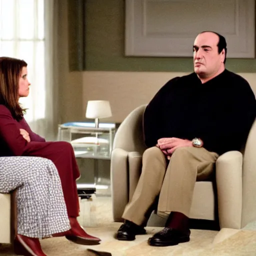 Prompt: dr. melfi and tony soprano in therapy