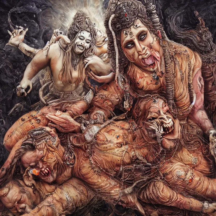 Image similar to portrait of kali with her tongue sticking out standing over the corpse of shiva, digital art, hyperrealistic nightmare scene, supernatural, highly detailed, creepy, terrifying