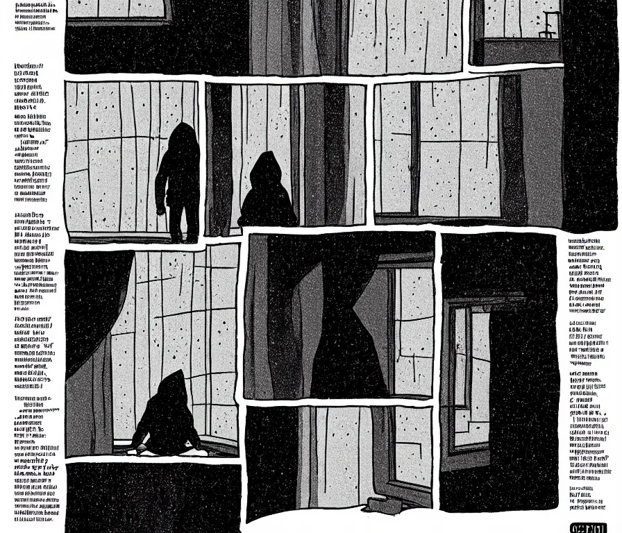 Image similar to sadie sink in hoodie sits on windowsill, knees tucked in | rain falls at night : storyboard, scifi cyberpunk. by chris bonura, joe alves, gabriel hardman. cinematic atmosphere, detailed and intricate, perfect anatomy