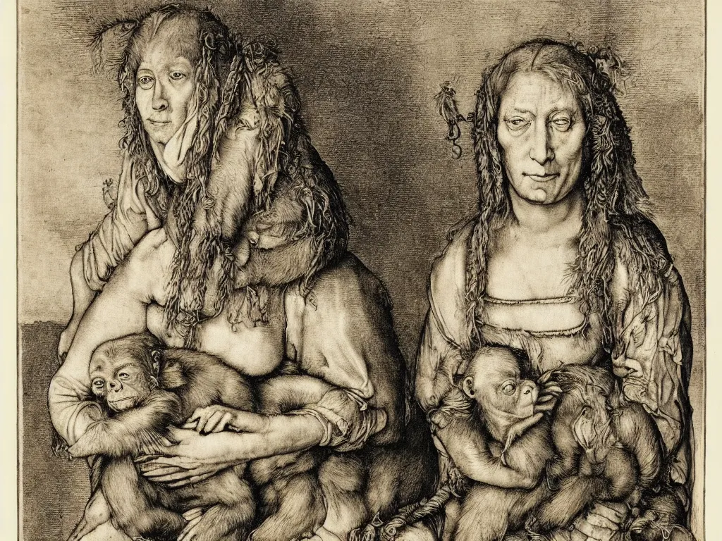 Image similar to portrait of a woman with monkey. copper engraving by albrecht durer, walton ford