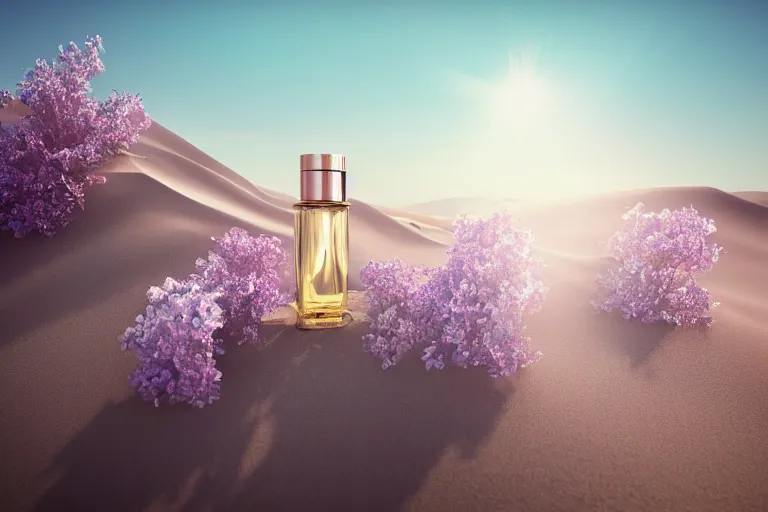 Image similar to perfume bottle buried in glittering oasis in the middle of a desert with blurred soft background flowers, soft lilac skies, silky smooth, dramatic, mid day, sand dune background, large scale, wind - swept, lots of detail, realistic lighting, octane render, by wlop, artgerm, trending on artstation