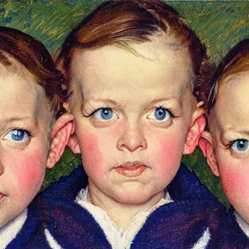 Prompt: Frontal portrait of adult triplets with ice blue eyes. Painting by Norman Rockwell.