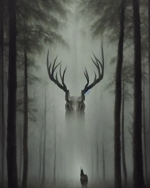 Image similar to oil painting of forest spirit made out of wooden sticks with a deer skull for a face, dark forest, fog, dark fantasy, gloomy, pale colors, by greg rutkowski