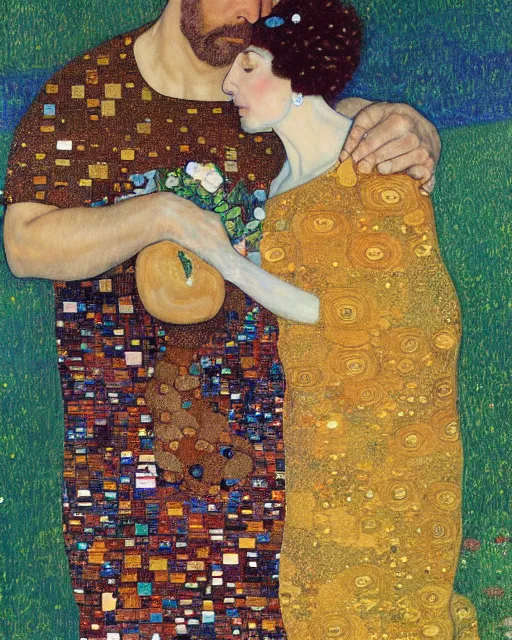 Prompt: homer and marge are in love, painting by gustav klimt, gold leaf on wood